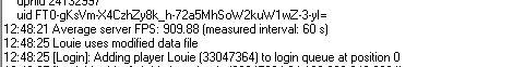 DayZ server console log reporting an average server FPS of 909.88 as a player logs in