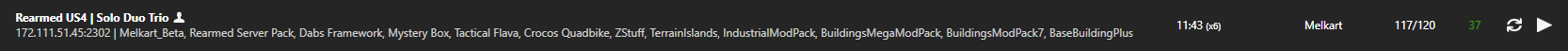 Server browser row for Rearmed US4 listing its mod pack and 117 of 120 player slots filled