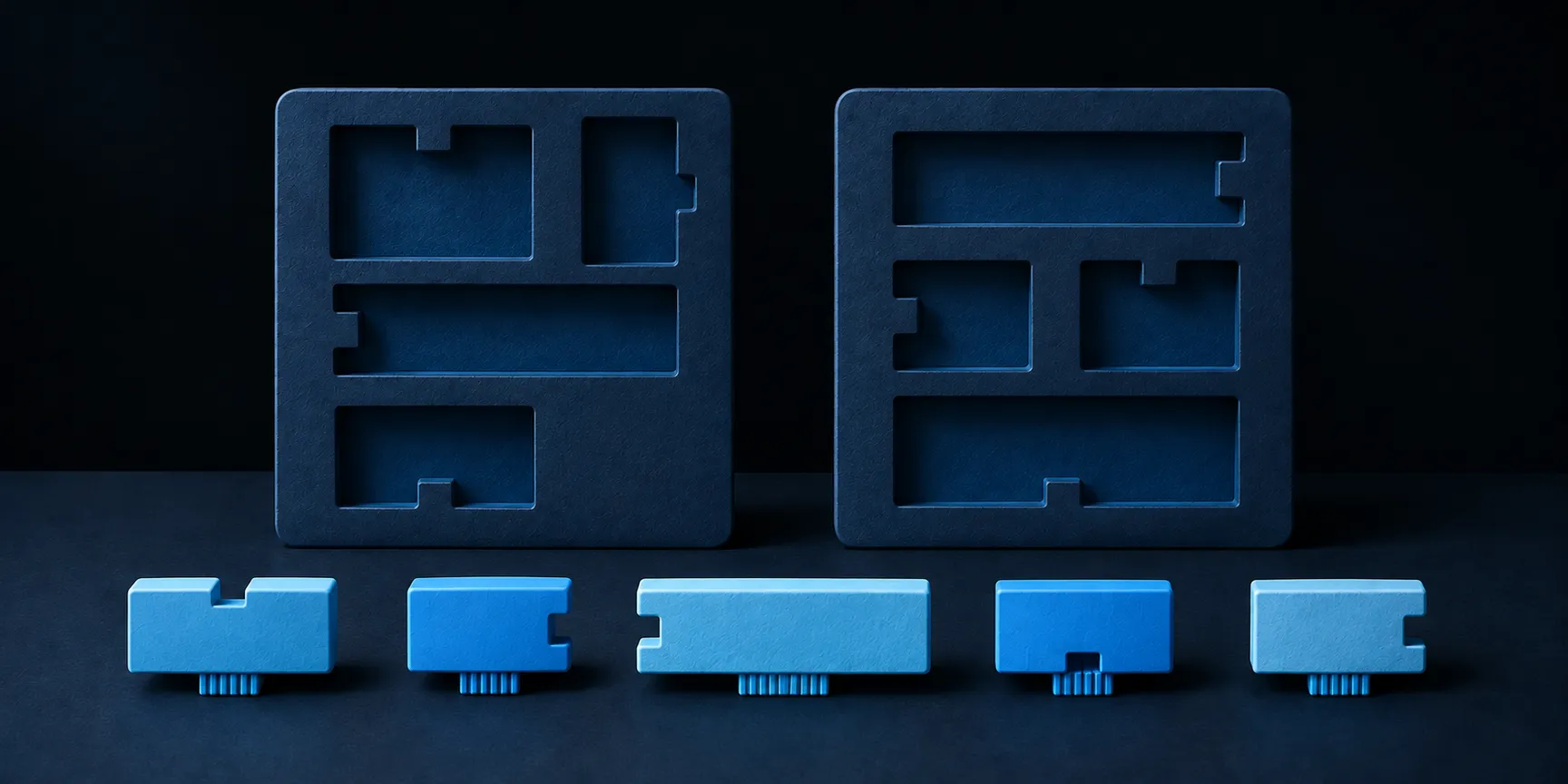 Two modular frames with different slot arrangements and blue plug-in cartridges laid out for comparison.
