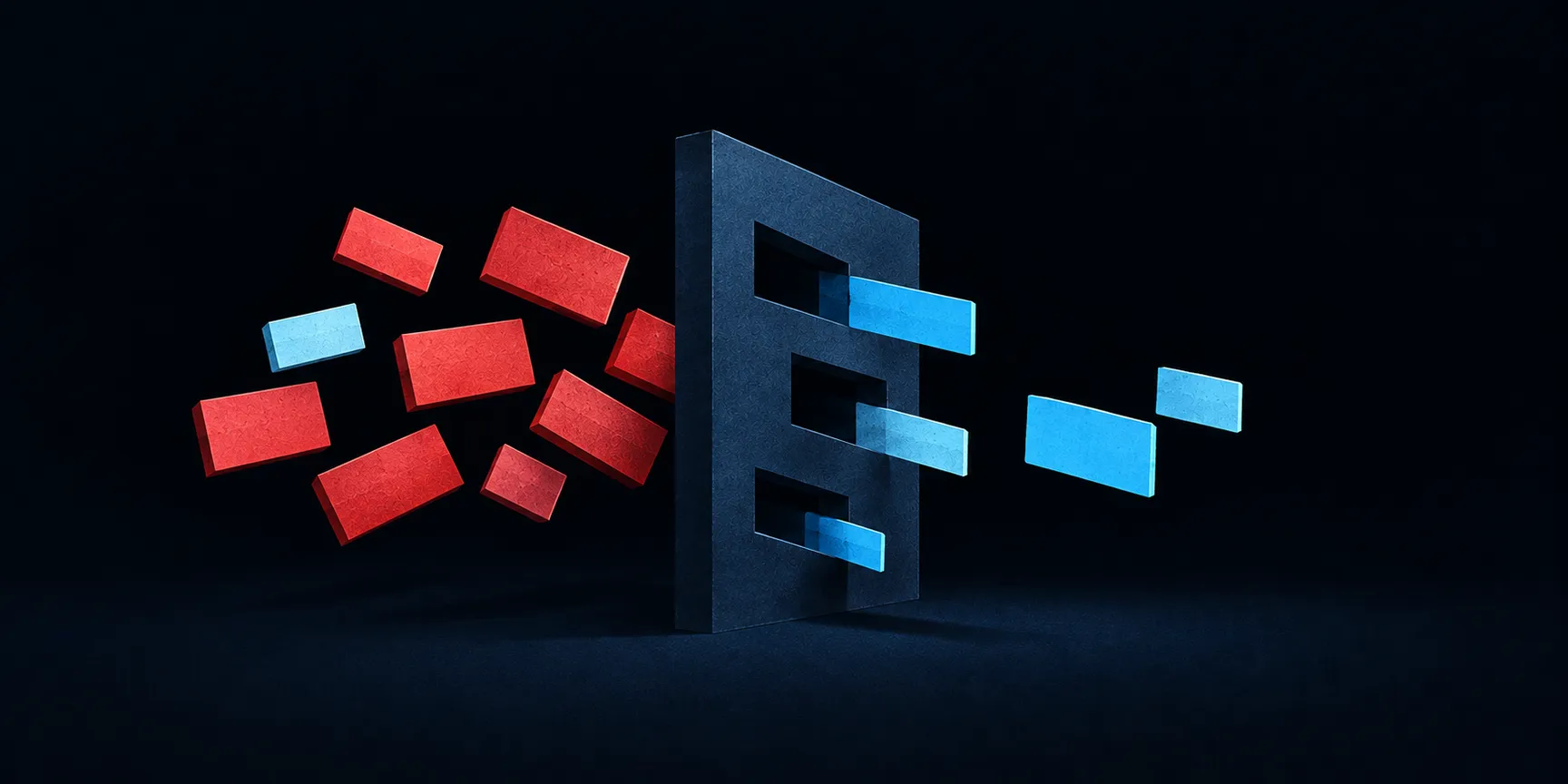 A navy screen separates red paper rectangles from blue pieces arranged around its openings.