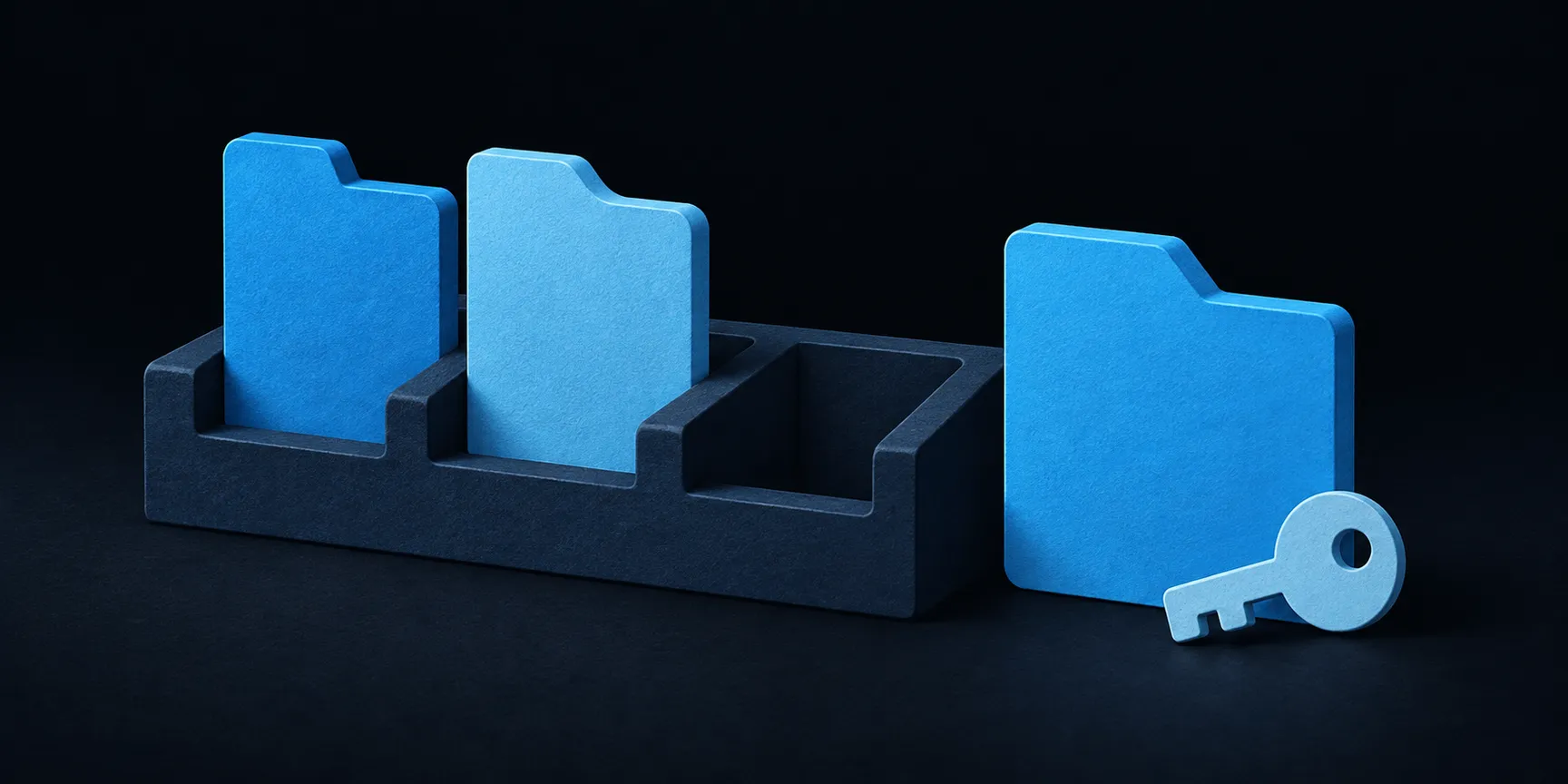 Blue file-shaped modules in a slotted base, with a separate module and key ready to add.