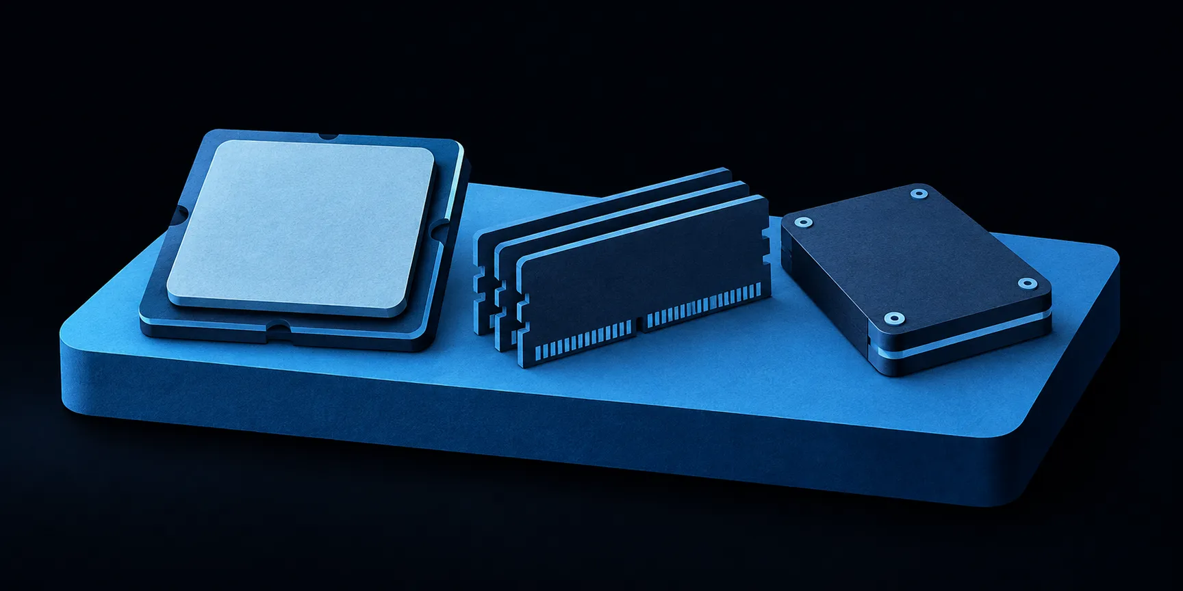 Blue paper-built processor, memory modules and storage drive on a shared platform.