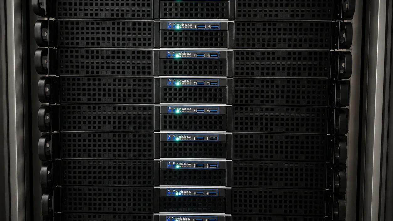 Rows of powered VYKIX 1U rack servers with status LEDs.