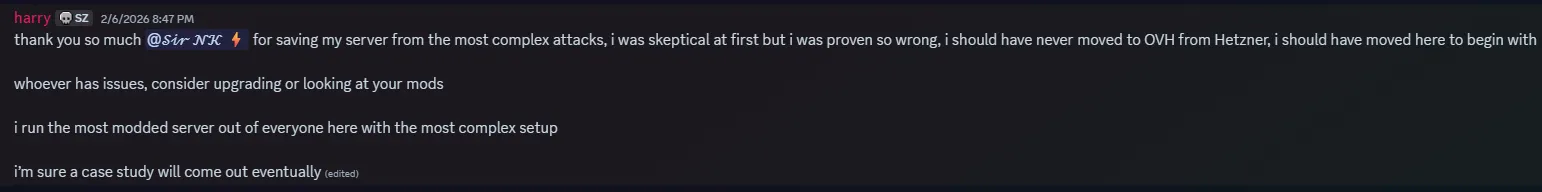 Harry’s testimonial on Discord praising VYKIX DDoS protection for his DayZ server