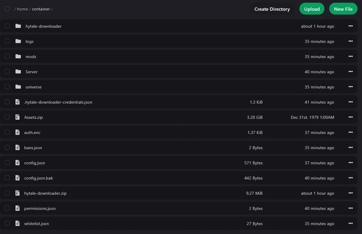 VXPanel file manager listing the Hytale server’s files, including config.json