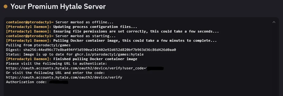 Hytale downloader authentication prompt in a server console, with device-code values hidden
