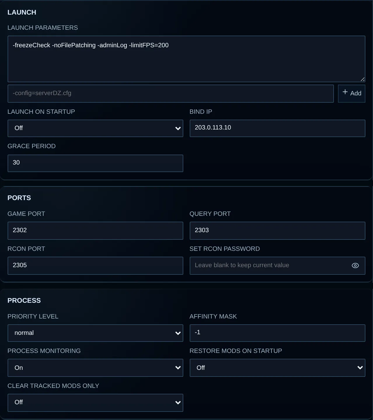 Customer Advanced settings page showing launch parameters, ports, process controls, and a write-only RCON password field