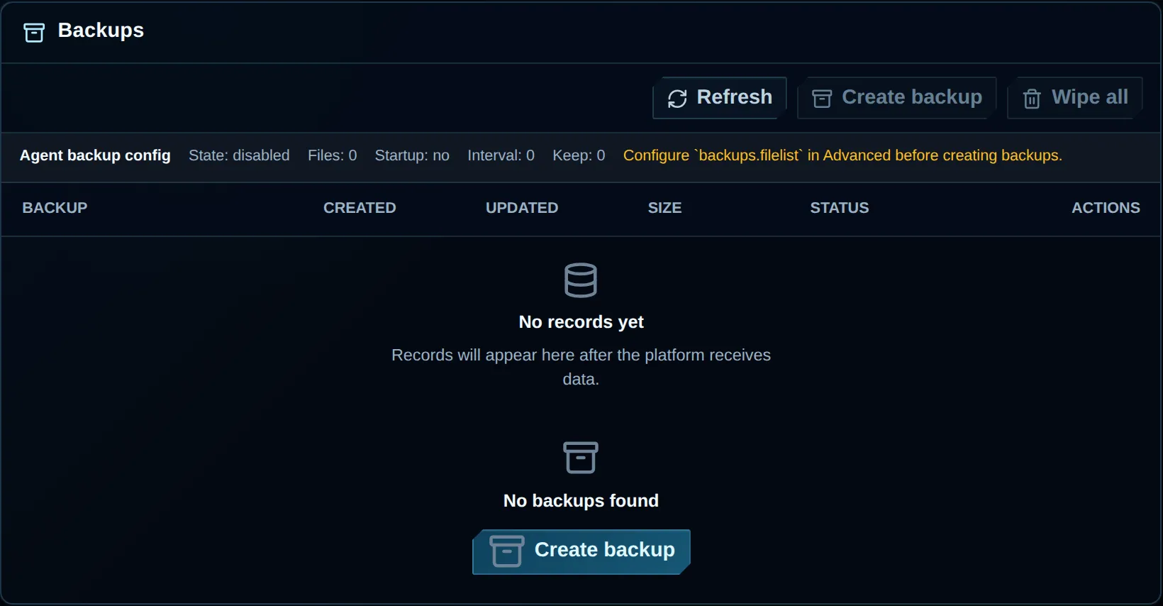 Customer Backups page showing the Agent backup summary, disabled create controls, and an empty backup list