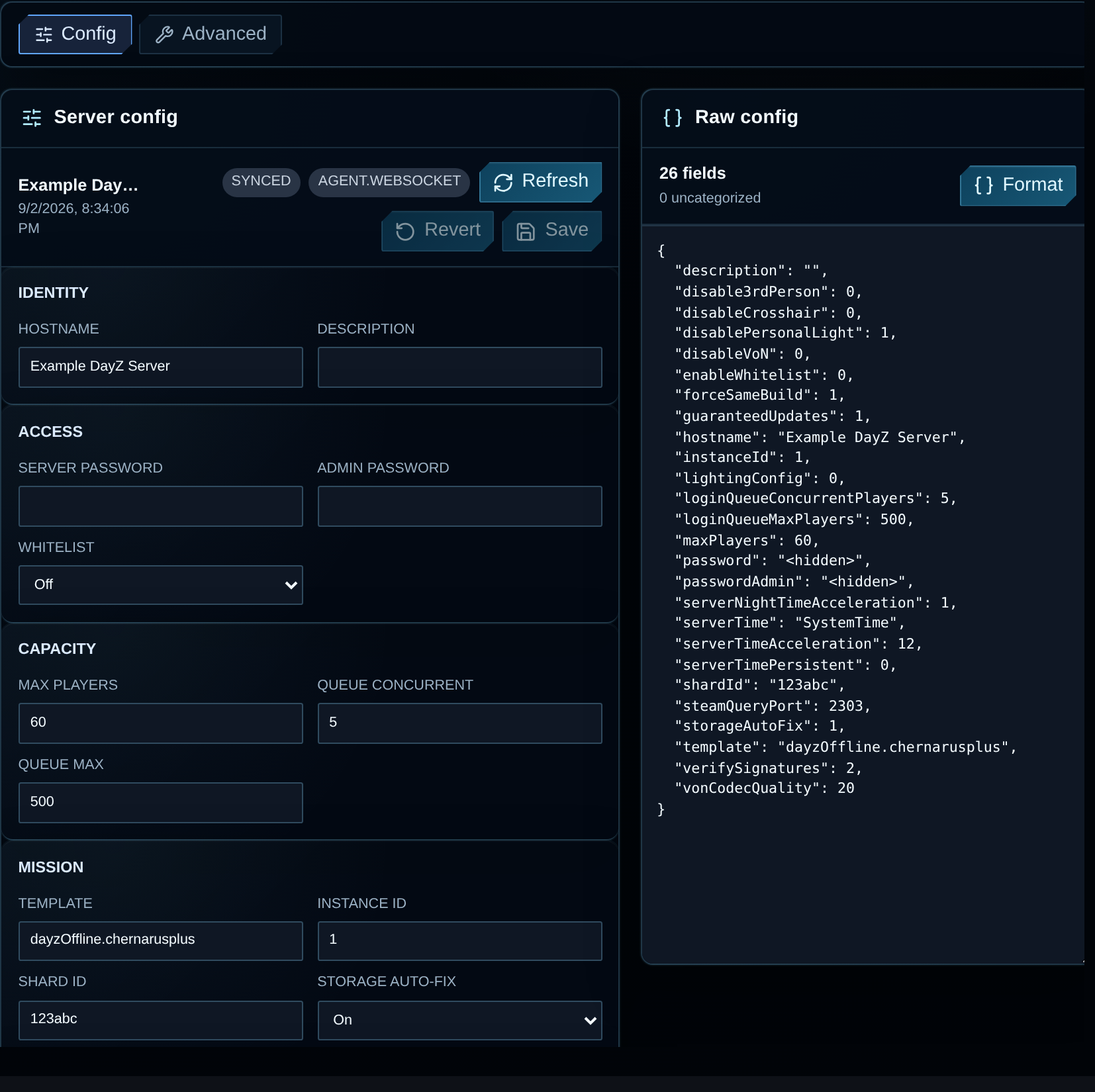 VXPanel example showing grouped DayZ settings beside the raw configuration, with passwords hidden.