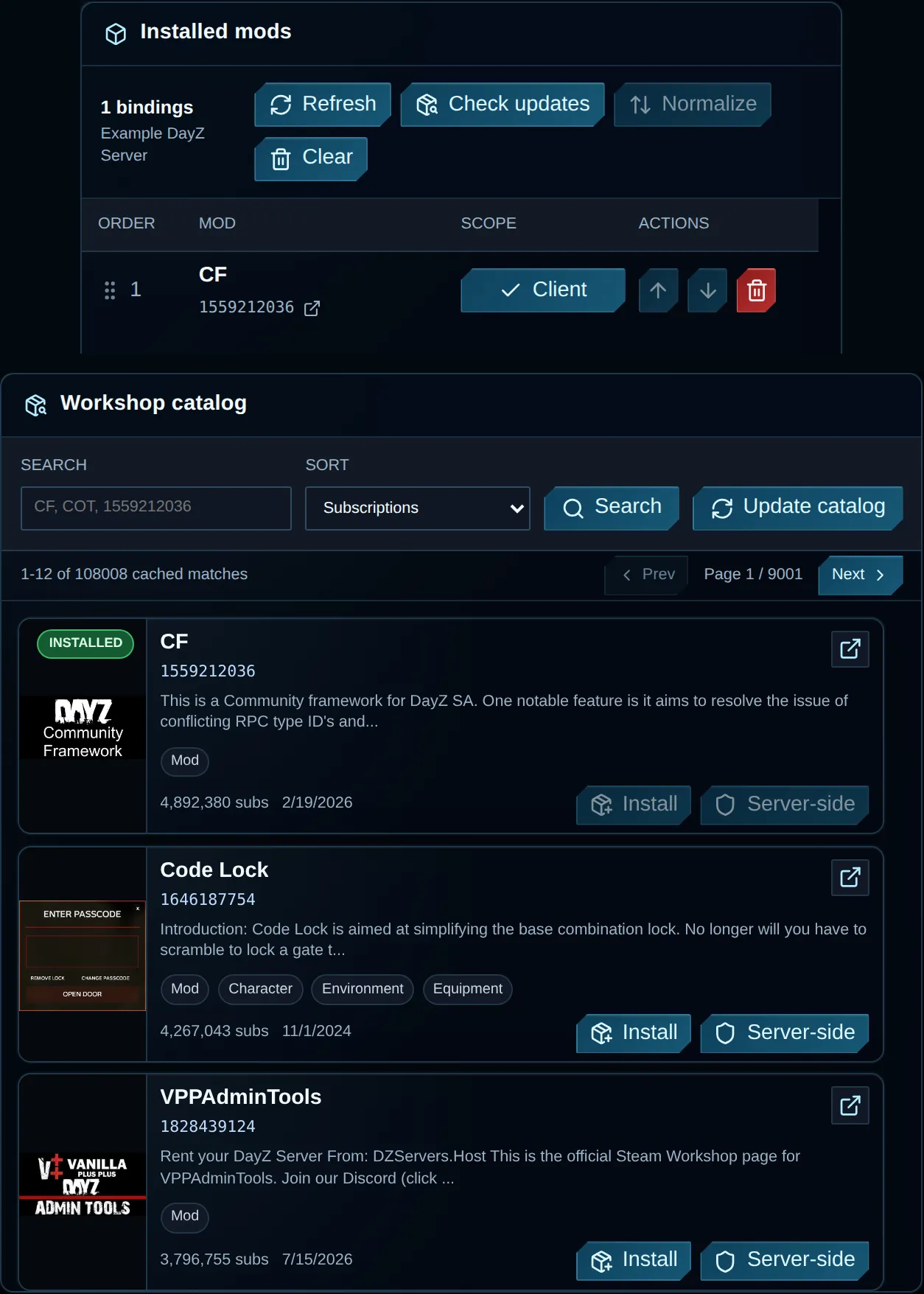 Customer Mods page showing an installed binding, Workshop search results, and install controls