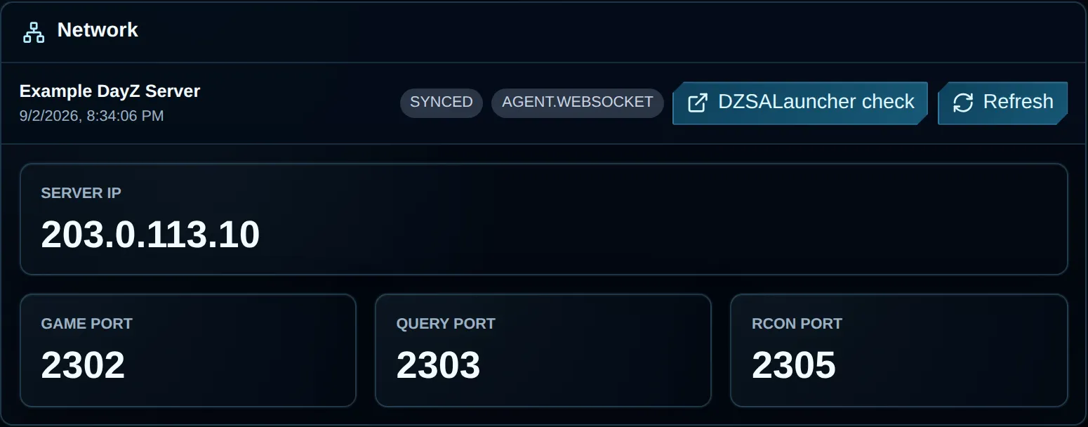 Customer Network page showing an example server address plus game, query, and RCON ports