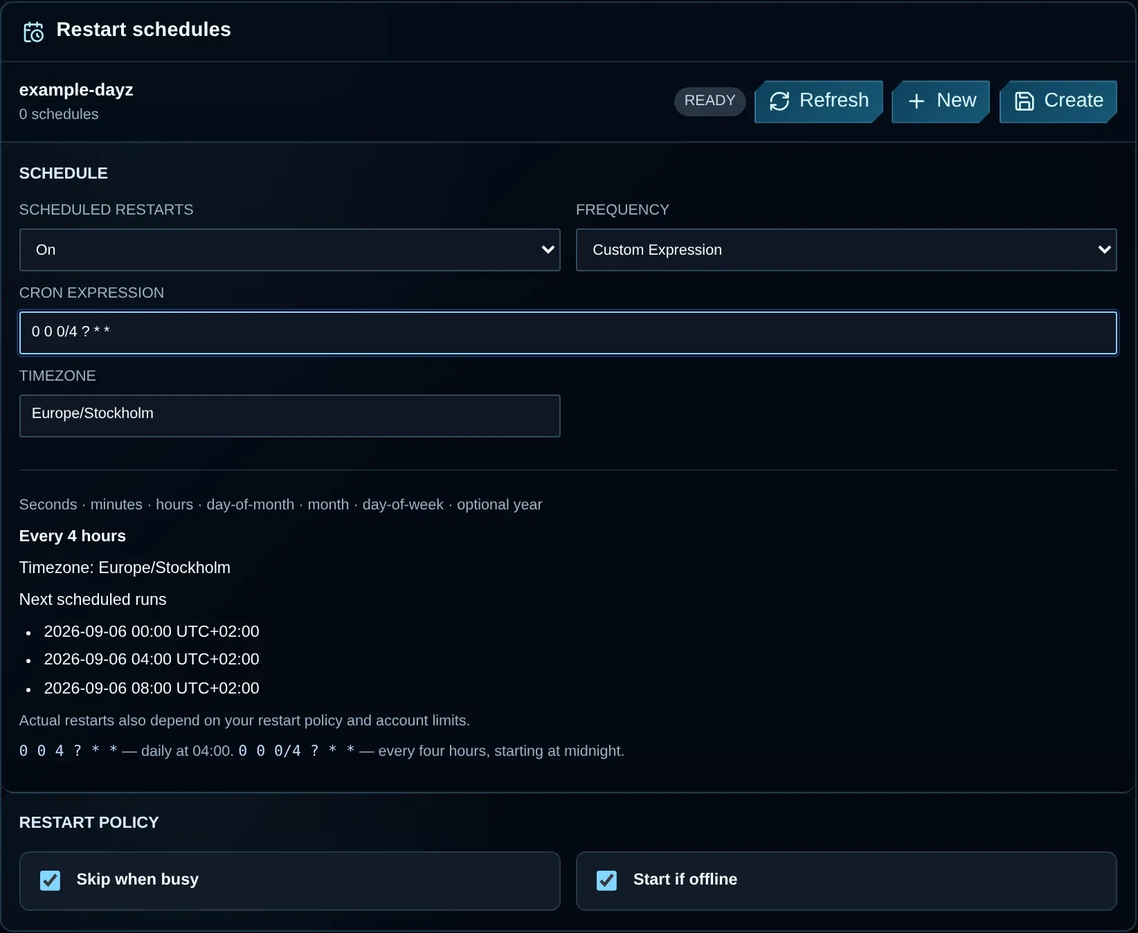 VXPanel custom restart schedule showing its timezone, next scheduled runs and restart policy.