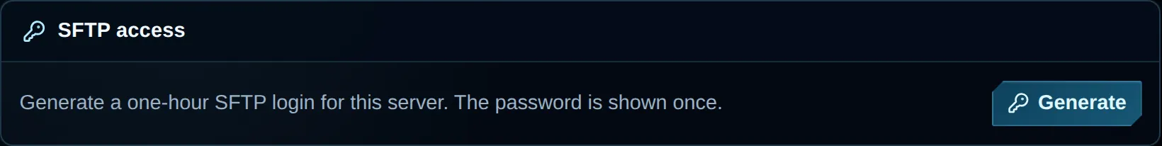 Customer SFTP tab showing the one-hour access explanation and Generate button