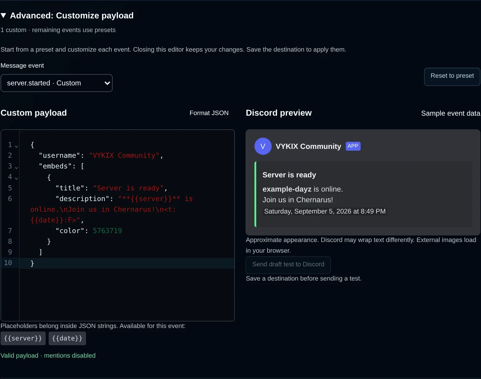 Custom Discord JSON payload beside a validated preview showing the example server name, message styling, and event timestamp