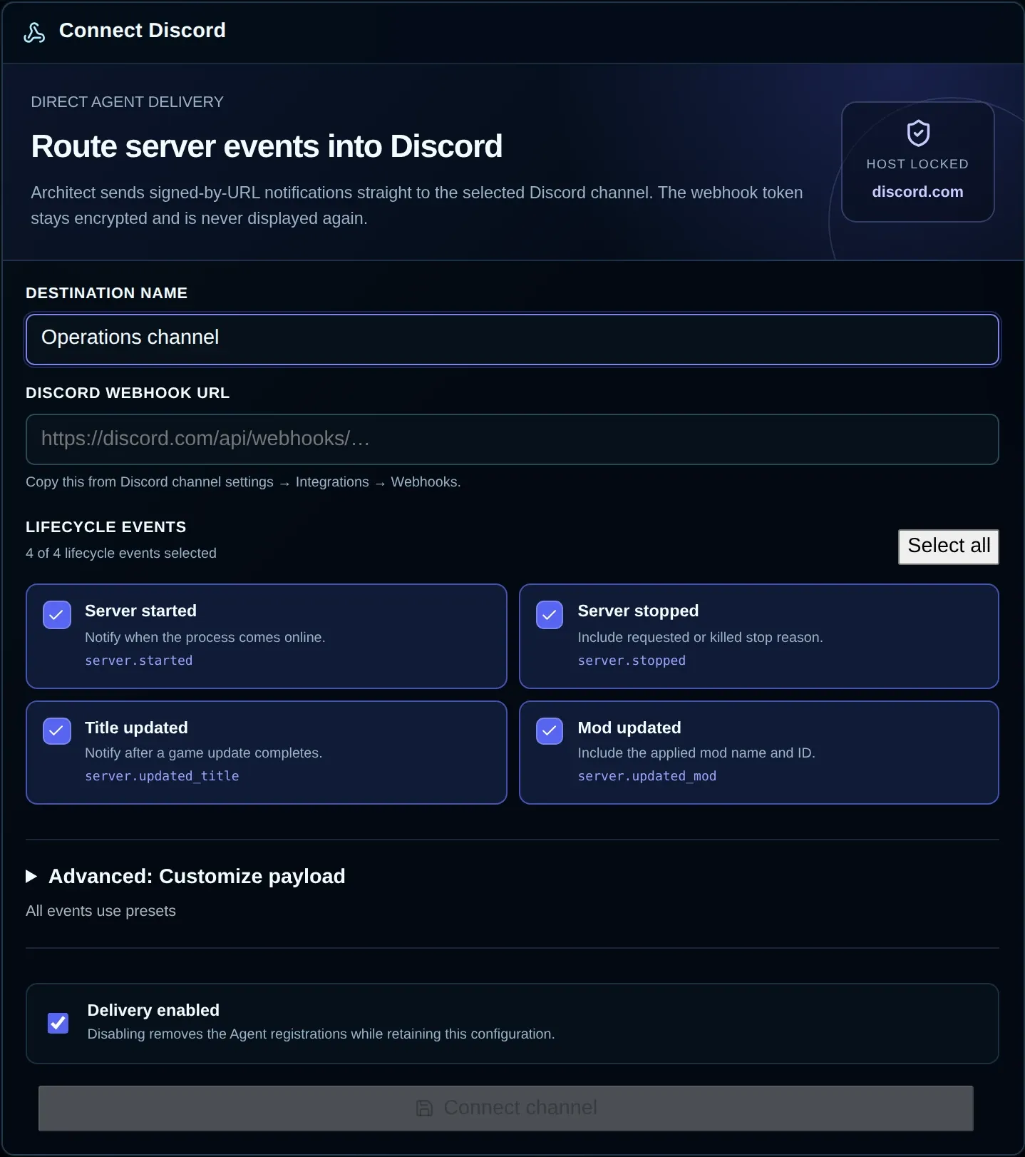 Customer Webhooks form showing a destination name, an empty webhook URL field, four lifecycle events, and the delivery switch