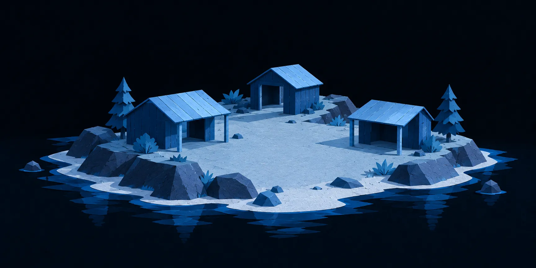 Three blue paper shelters face a shared open courtyard on a small island.