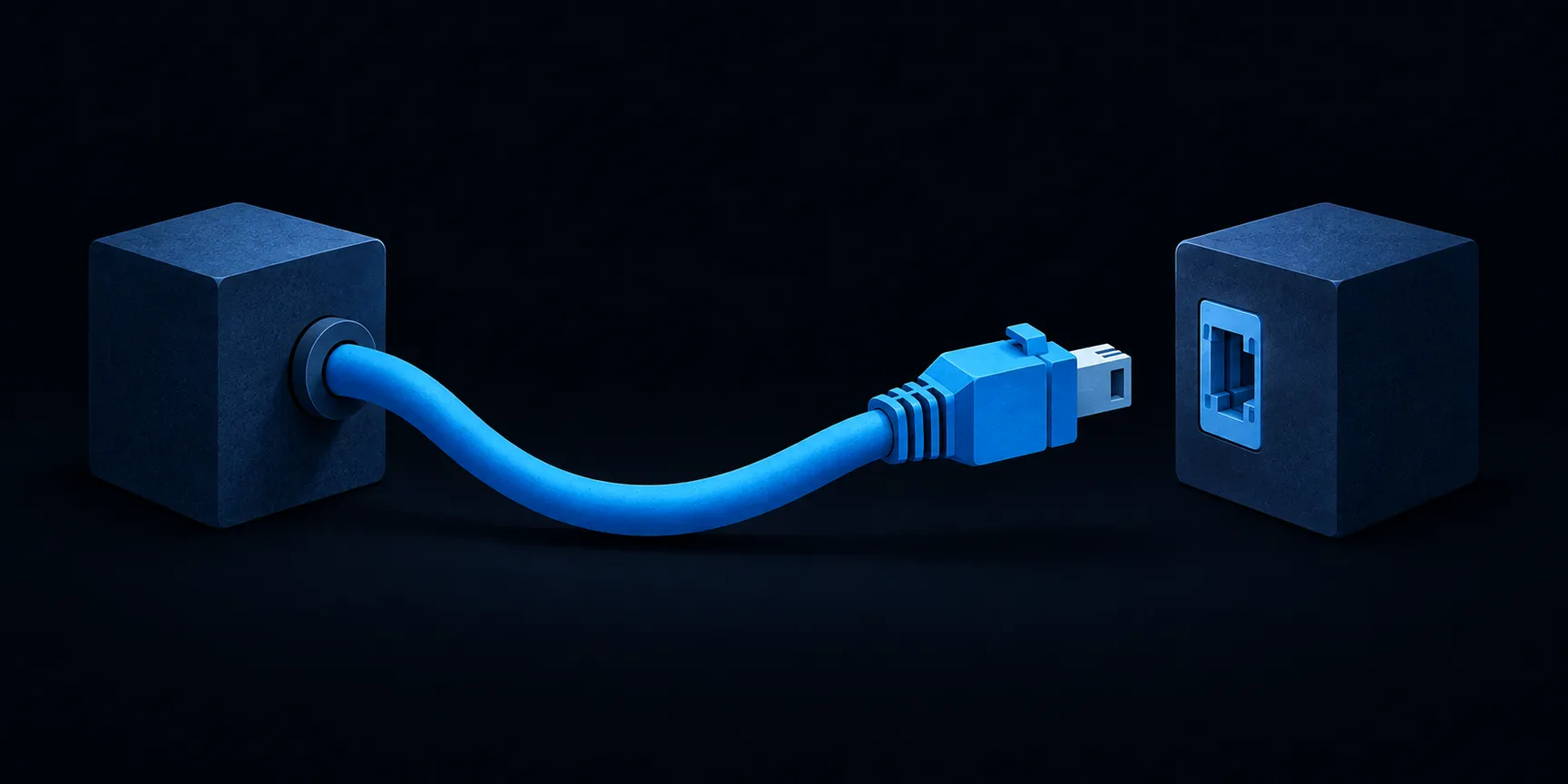 Blue cable curves from one navy block toward another, with its free plug separated from the socket by a small gap.
