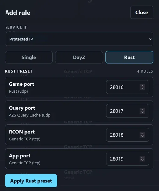VxShield Rust preset modal
