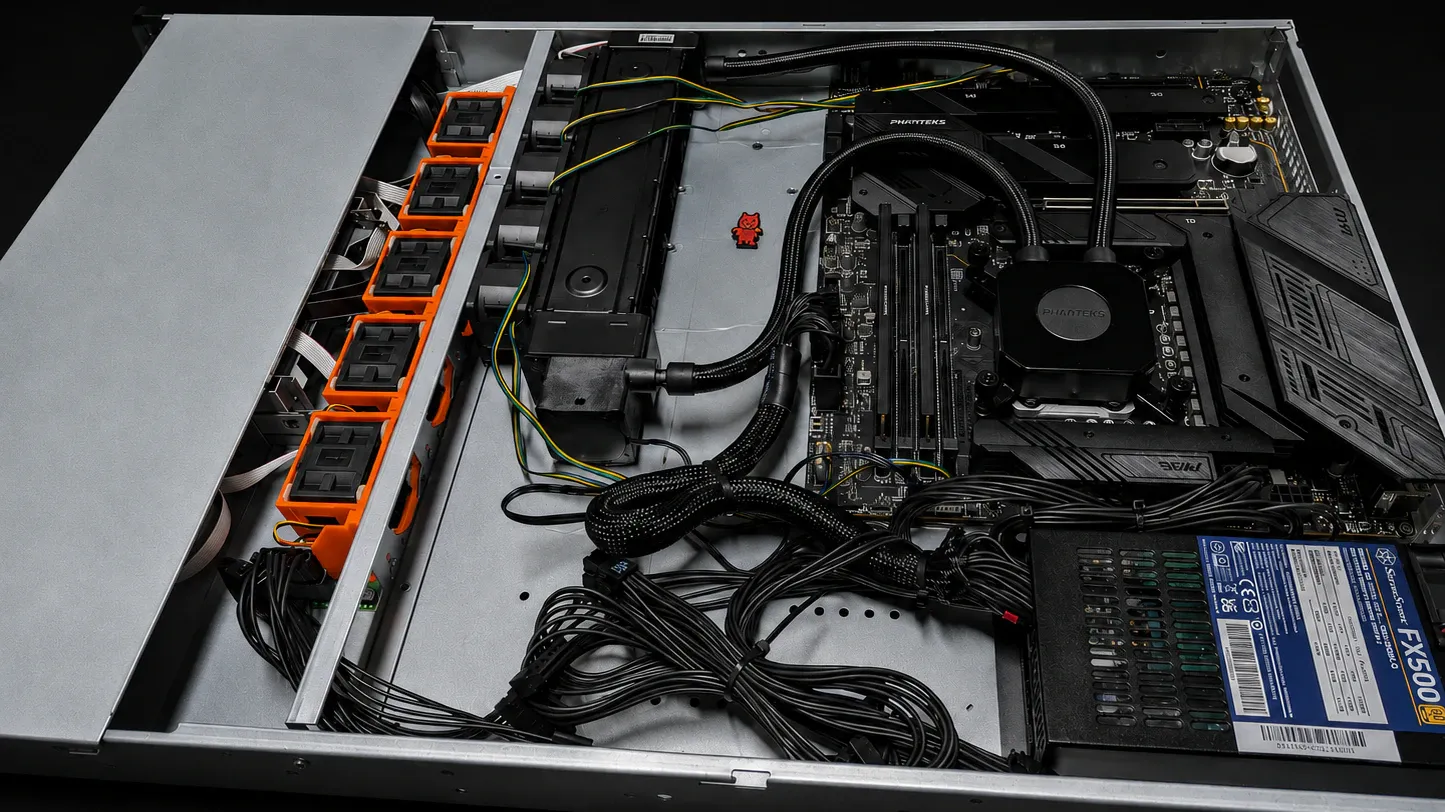 Open VYKIX server chassis showing the cooling loop, pump block and fan wall.