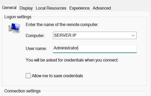 RDP Connection Settings